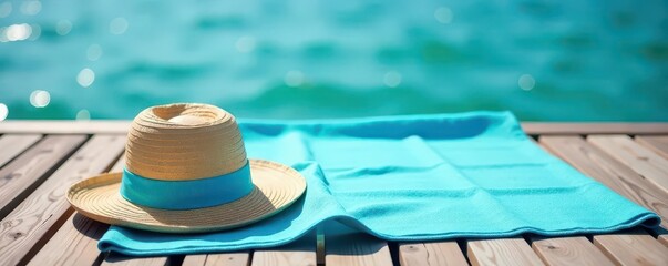 Obraz premium Bright blue beach towel & straw hat on wooden dock overlooking calm sea , view, coastal