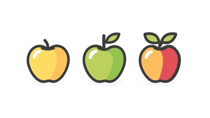 Three Colorful Cartoon Apples on White Background, Featuring Yellow, Green, and Red Illustrations, Perfect for Food and Nutrition Themes