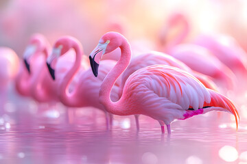 Naklejka premium A flamboyance of pink flamingos standing in shallow water bathed in soft warm light.