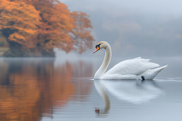 Obraz premium A swan glides on a misty lake autumn leaves reflecting on the water's serene surface.