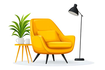 Fototapeta premium Stylish yellow armchair accompanied by a plant stand and a floor lamp against a white background.