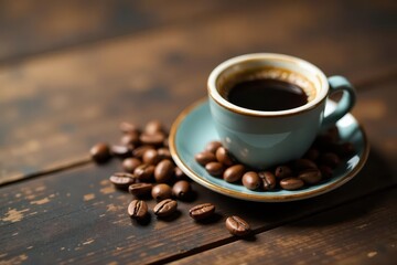 Small espresso cup, roasted beans on antique wooden surface , rustic, cafe, coffee beans