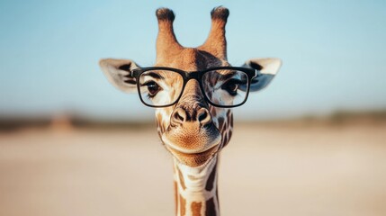 Giraffe wearing glasses poses playfully in a sunny safari landscape animal photography fun environment close-up perspective