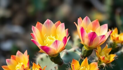 Vibrant prickly pear cactus blossom in full bloom, botany, wildlife