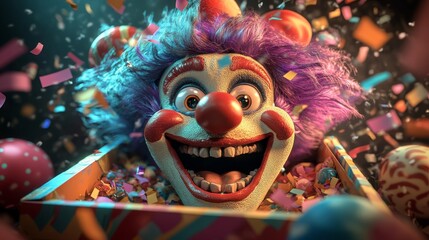 A vibrant Jack-in-the-Box named Joyful, surrounded by a kaleidoscope of confetti on April Fool's Day