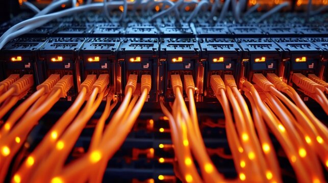 Blurred neon orange network cables connected to server in data center creating futuristic digital connection glowing in dark environment showing technology infrastructure and modern internet