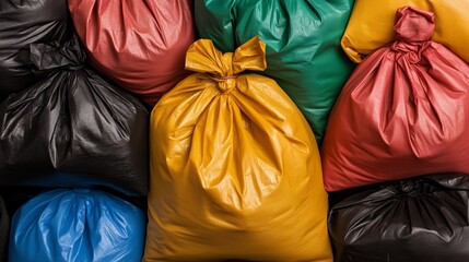 Multiple trash bags of different colors, placed side by side