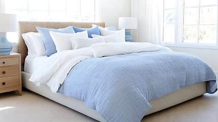 Serene Blue Textured Quilt on King Size Bed in Bright Bedroom