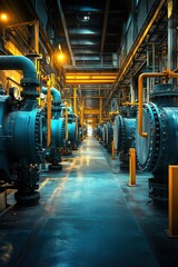 Fototapeta premium A wide industrial corridor featuring large blue valves and pipes, illuminated by warm yellow lights. The scene conveys a sense of scale and engineering, with a clean, organized layout.