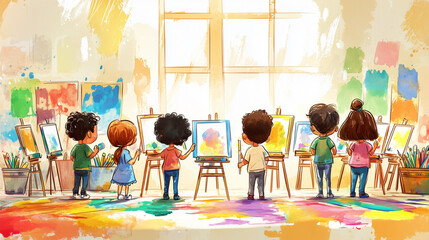 A cartoon drawing of a diverse group of children participating in a school art class, each one focused on painting on easels, with vibrant colors splashing across the room. 