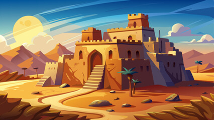 ancient desert fort, built of sunbaked clay, stands resilient against the scorching midday sun, surrounded by endless dunes.