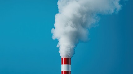 Red and White Industrial Chimney Puffing White Smoke Against Clear Blue Sky on Sunny Day