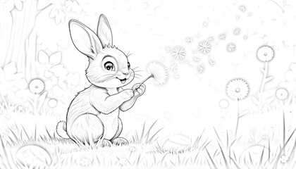 Obraz premium Easter Day Illustration: Peaceful Rabbit Drawing in Bloom. A black and white drawing of a rabbit blowing a dandelion.