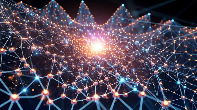 Futuristic Glowing Neural Network With Connected Data Nodes and a Bright Central Light in a High-Tech Digital Grid

