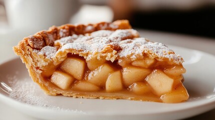 Delicious slice of homemade apple pie on a white plate with powdered sugar, showcasing warm cinnamon apples and a flaky golden crust