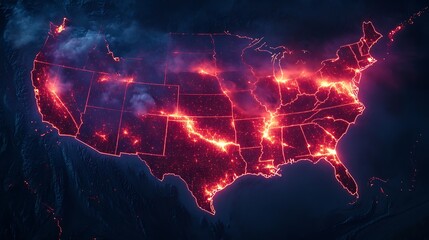 A digitally rendered glowing visualization of the united states map