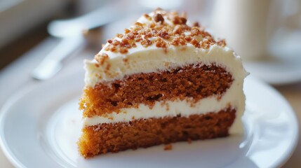 Delicious slice of moist carrot cake with creamy frosting and crunchy topping served on a white plate in a cozy cafe setting with soft lighting