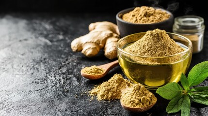 Preparing ginger powder for culinary uses in the kitchen food photography dark environment creative angle