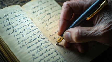 Close-Up View of a Hand Writing in a Vintage Notebook with a Fountain Pen, Capturing the Art of Handwritten Notes and Personal Expression