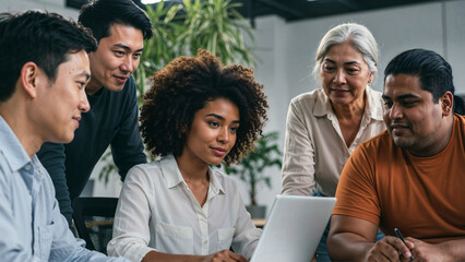 Young Afro woman working on laptop in office while coworkers look at her with expectation. Diverse, multiethnic group of professionals in collaborative session. Teamwork and inclusivity