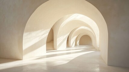 Fototapeta premium Sunlit Interior With Arched Hallways And Stairs