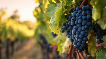 Fototapeta premium Close-up View of Ripe Grapes Hanging from a Vineyard Vine at Sunset in a Beautifully Cultivated Landscape