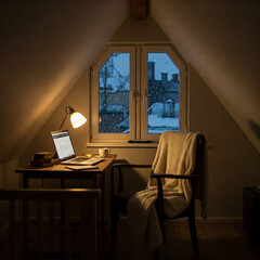 Cozy Attic Remote Work Setup with Snowy Cityscape