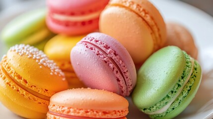 Fototapeta premium Colorful and Delicious Macarons Displayed on a Plate, Perfect for Dessert Lovers and Food Photography Enthusiasts