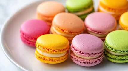Obraz premium Colorful and Delicious Assortment of Macarons Placed Neatly on a White Plate, Ready to Be Savored by Dessert Lovers and Confectionery Enthusiasts