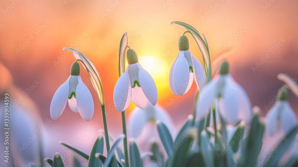 Poster snowdrops in sunset light with a soft focus background. nature and spring concept