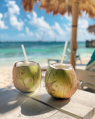 Two drinking coconut with straws on a sandy tropical beach among corral. High quality photo