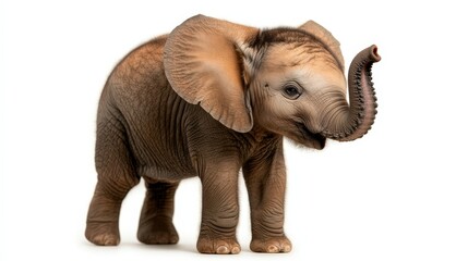 Fototapeta premium A charming young elephant captures attention with its youthful features, highlighting its oversized ears and playful trunk against a stark white background, exuding innocence and joy.