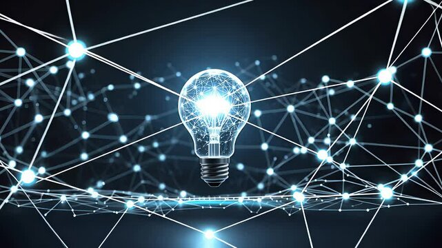 Futuristic Glowing Light Bulb Connected to a Digital Network of Bright Blue Nodes and Lines in a High-Tech Cyber Space

