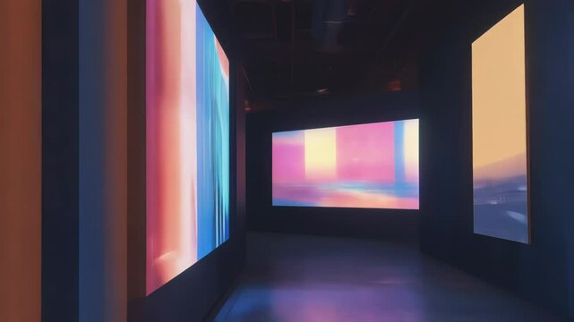 Colorful abstract digital art projections illuminate a dark gallery corridor, creating an immersive and dynamic visual experience as they shift and evolve