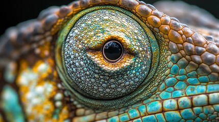 Naklejka premium Close-Up of a Colorful Chameleon Eye Showcasing Intricate Texture and Vivid Patterns in Natural Environment
