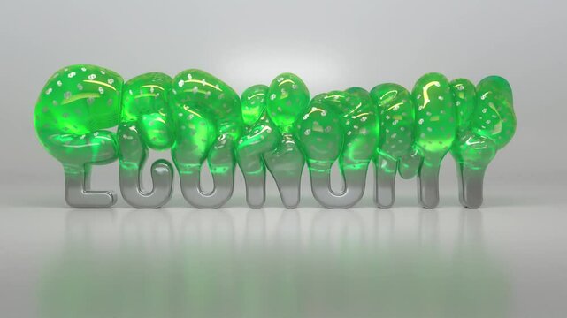 Economy Inflation 3D Animation of Metal Textured Word Transforming into a Green Dollar Balloon