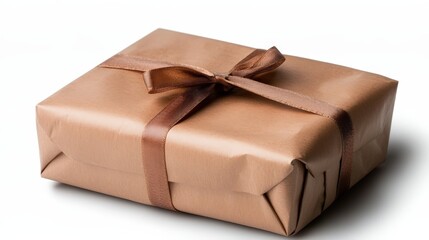 A charming brown gift box tied with a sleek bronze ribbon sits on a soft surface, representing warmth and thoughtfulness, making it an appealing choice for special occasions and celebrations.