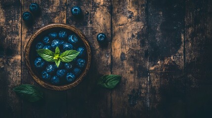 Fresh blueberries in wooden bowl with mint