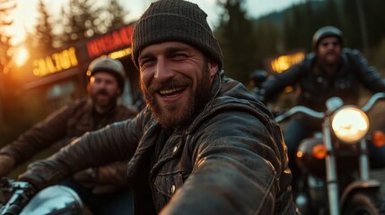 Obraz premium A charming image of a group of bikers smiling happily as they ride through nature showcases camaraderie, adventure, and the joy of freedom associated with motorcycle culture.