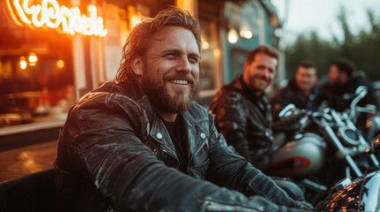 A group of smiling bikers gathered at a roadside diner, illustrating the joy of friendship and shared experiences during their biking adventures as the sun sets.