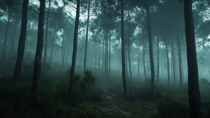 Misty Forest Path Winding Through Tall Pine Trees