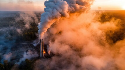 An aerial view capturing smoke billowing from industrial smokestacks against a sunset backdrop, representing environmental concerns and the impact of industry on nature and health.