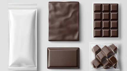 Obraz premium Chocolate Packaging Mockup: A Variety of Dark Chocolate Bars and Blank Packaging for Branding Designs.