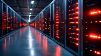 A perspective view of a sleek data center featuring rows of server racks illuminated with red LED lights, highlighting the technological sophistication within.