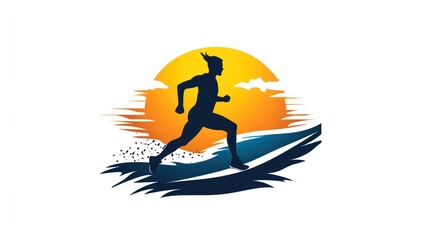 Fototapeta premium Sunset Surf Runner: Silhouette of a person running on a wave during a vibrant sunset, symbolizing speed, freedom, and the pursuit of summer adventures.