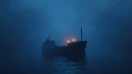 Obraz premium Mysterious Cargo Ship Silhouette in Foggy Water at Night with Soft Glow and Eerie Atmosphere Capturing the Essence of Maritime Adventure