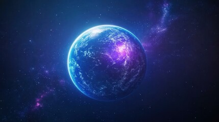 Obraz premium A vibrant cosmic scene featuring a blue planet surrounded by a colorful nebula and a starry field, evoking dreams of space.