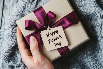 Decorative gift box with a purple ribbon and a Father&rsquo;s Day tag. Perfect for holiday greetings or father-focused celebrations. Generated AI