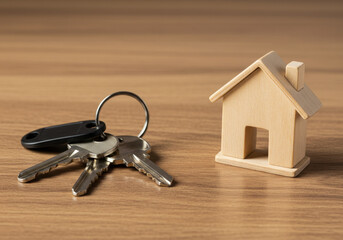 Keys and wooden house model on polished wooden table