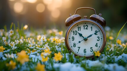 Spring forward. Time change in spring. Daylight saving time. Vintage alarm clock with melted snow, fresh green grass, and tiny spring flowers. Clock turn forward one hour in spring,

